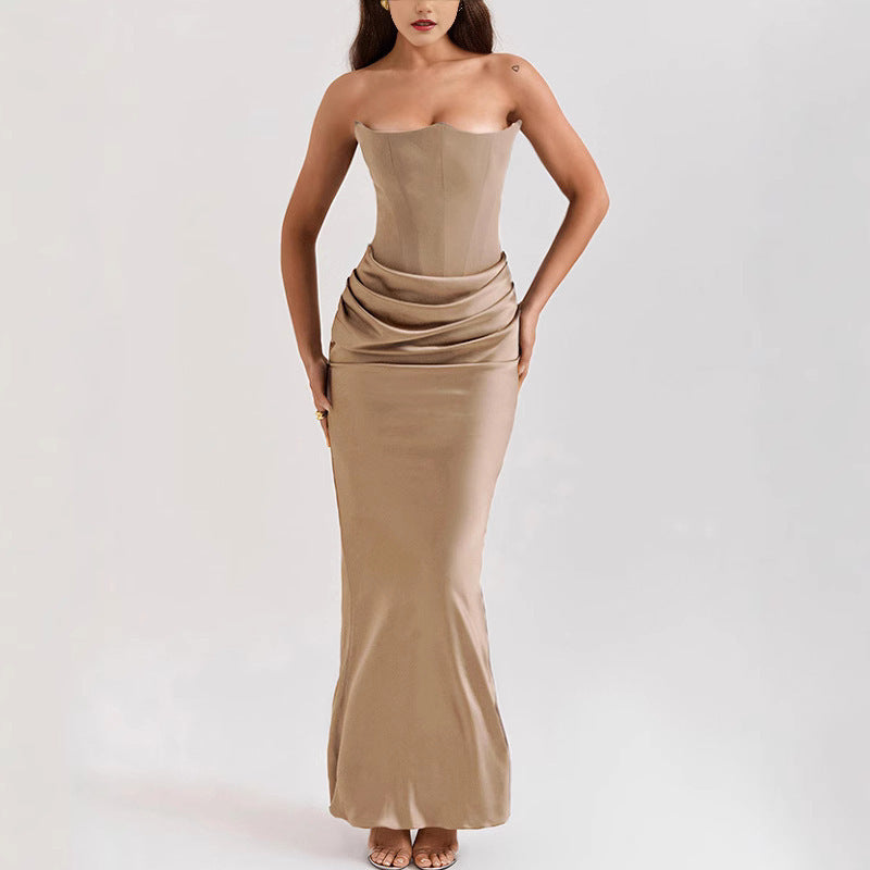 Maxi Bodycon Dress Strapless Bustier – Strategic Ruching Ankle Gown