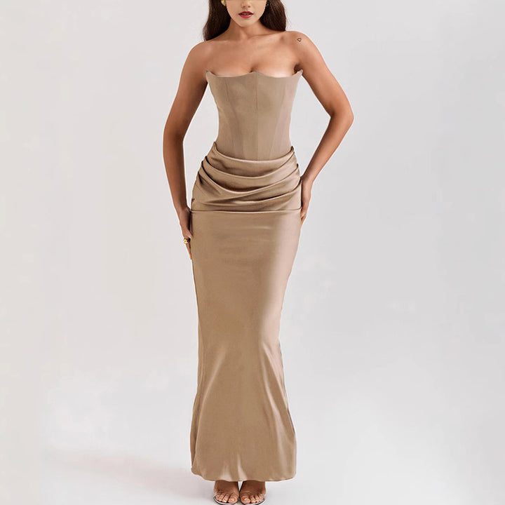 Maxi Bodycon Dress Strapless Bustier – Strategic Ruching Ankle Gown