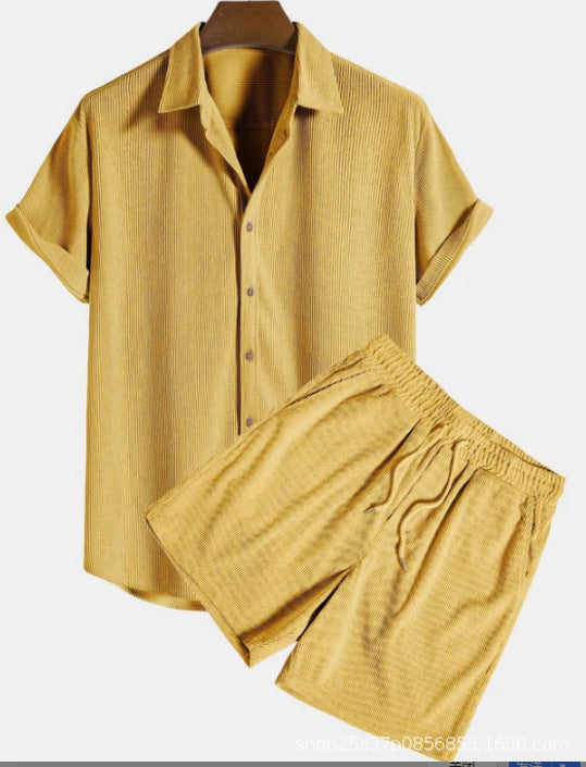Men's Two Piece Set – Ribbed Shirt & Shorts Matching Summer Set