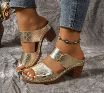 Women's Chunky Heel Sandals Plaid Texture – Round Toe Two-Strap Slide