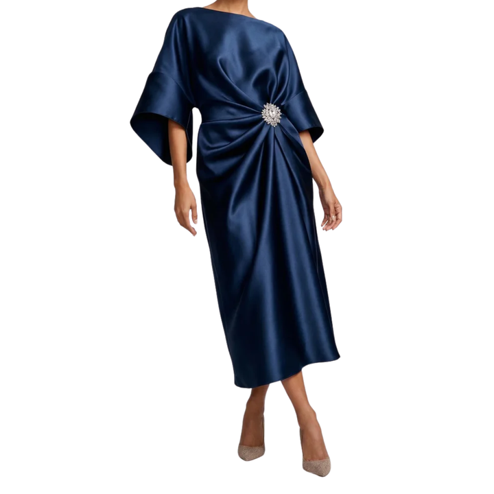 Women's Satin Midi Dress Batwing Sleeves – Bateau Neckline Jewel Waist