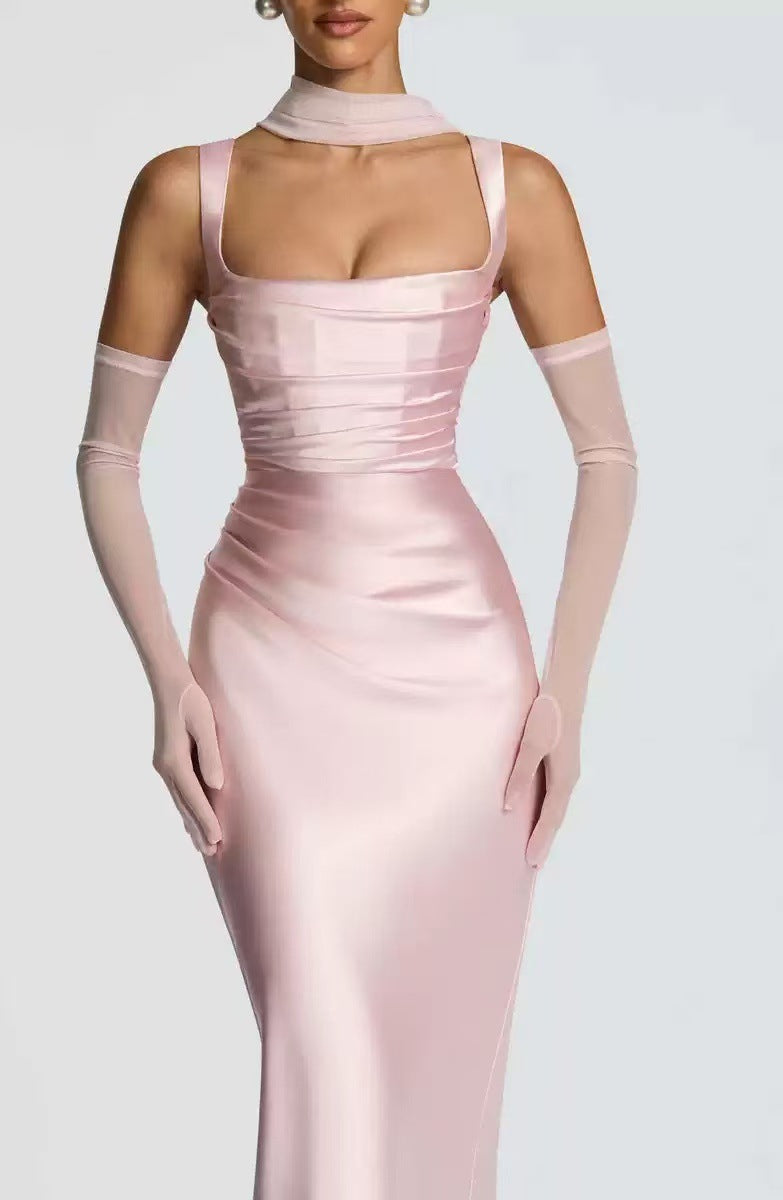 Satin Maxi Dress – Draped Waist Elegant Fit for Women