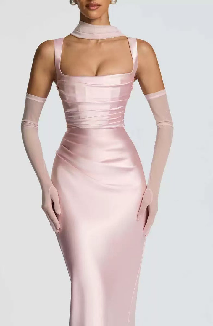Satin Maxi Dress – Draped Waist Elegant Fit for Women