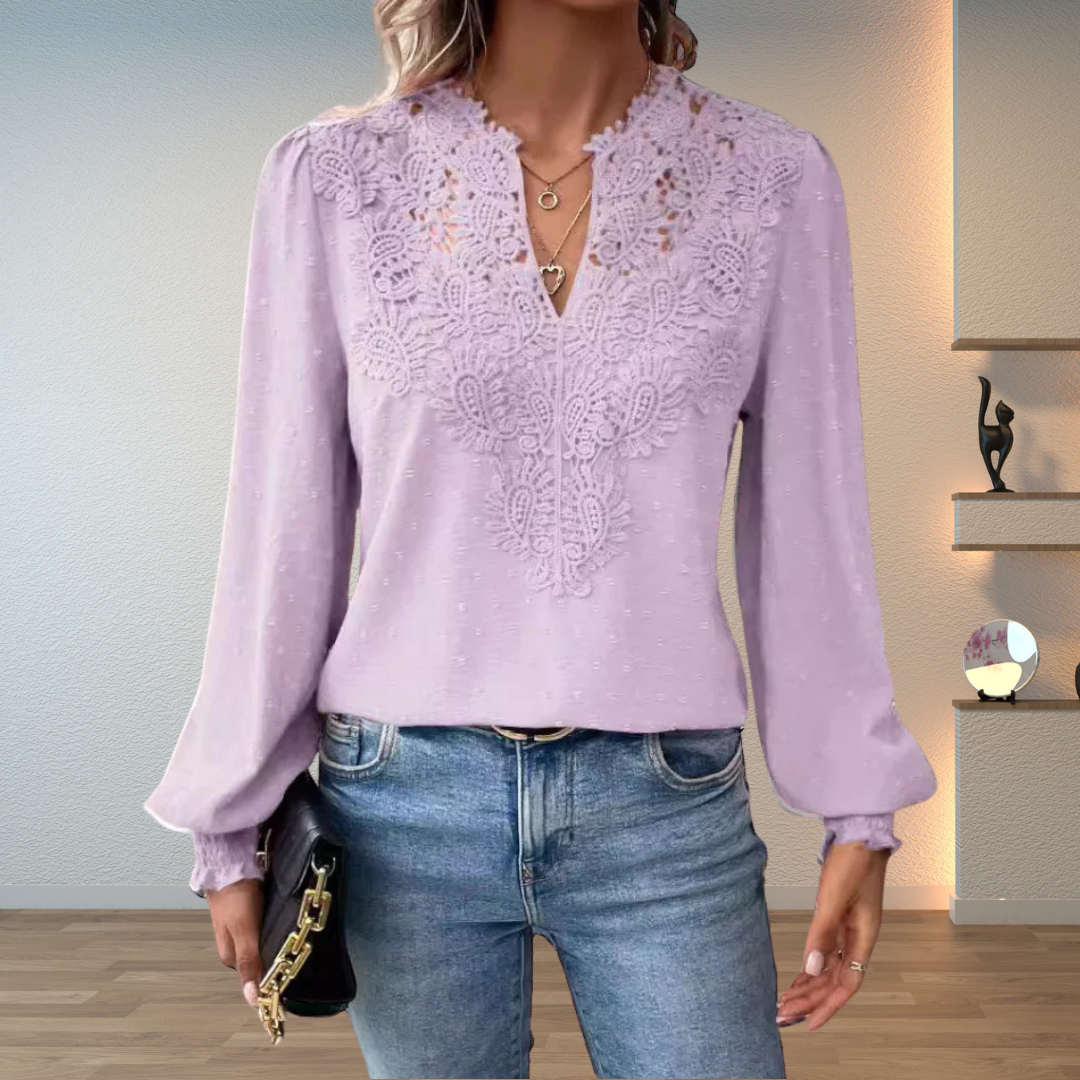 Embroidered V-Neck Blouse – Women's Gathered Sleeve Top