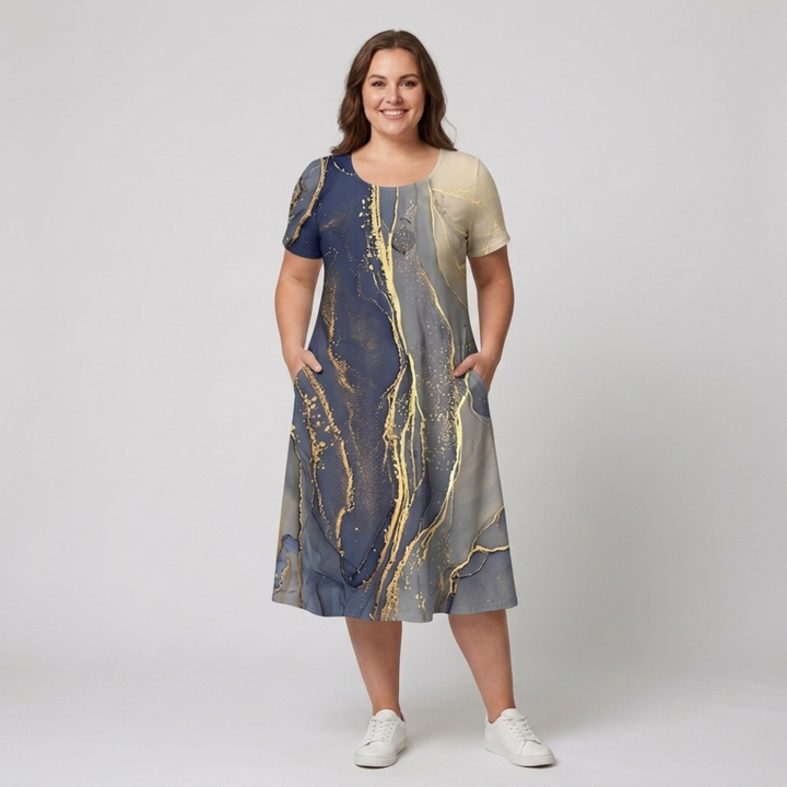 Printed Midi Dress with Pockets – Women's Relaxed Straight Cut
