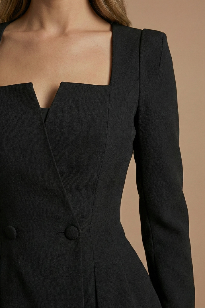 Women's Double-Breasted Blazer Midi Skirt Set – Peplum Square Neck