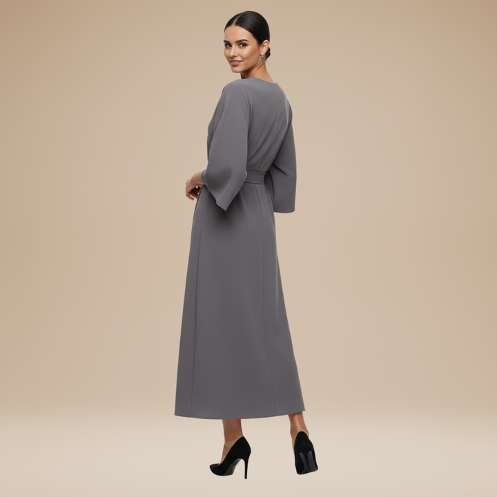 Women's Belted Wrap Midi Dress – Wide Flowing Sleeves Draped Waist