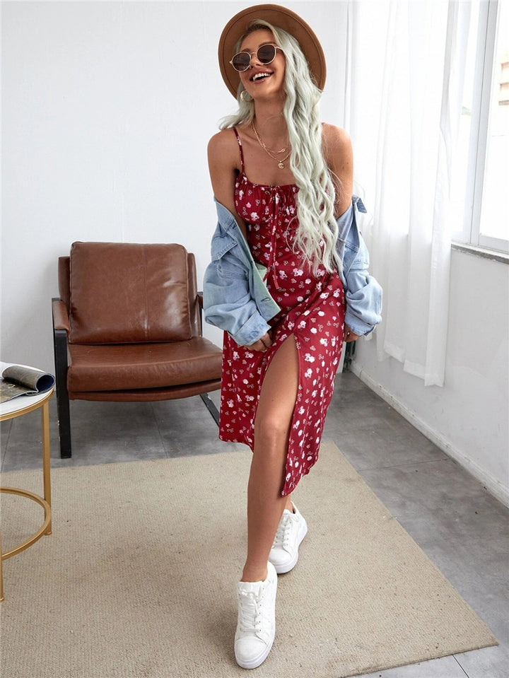 Floral Midi Dress – Sundress with Front Tie & Side Slit