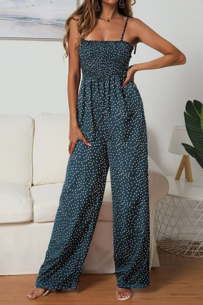 Women's Wide Leg Jumpsuit – Smocked Bodice & Spaghetti Straps