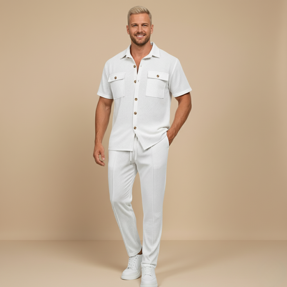 Men's Waffle-Knit Two-Piece Set – Relaxed Matching Shirt & Shorts