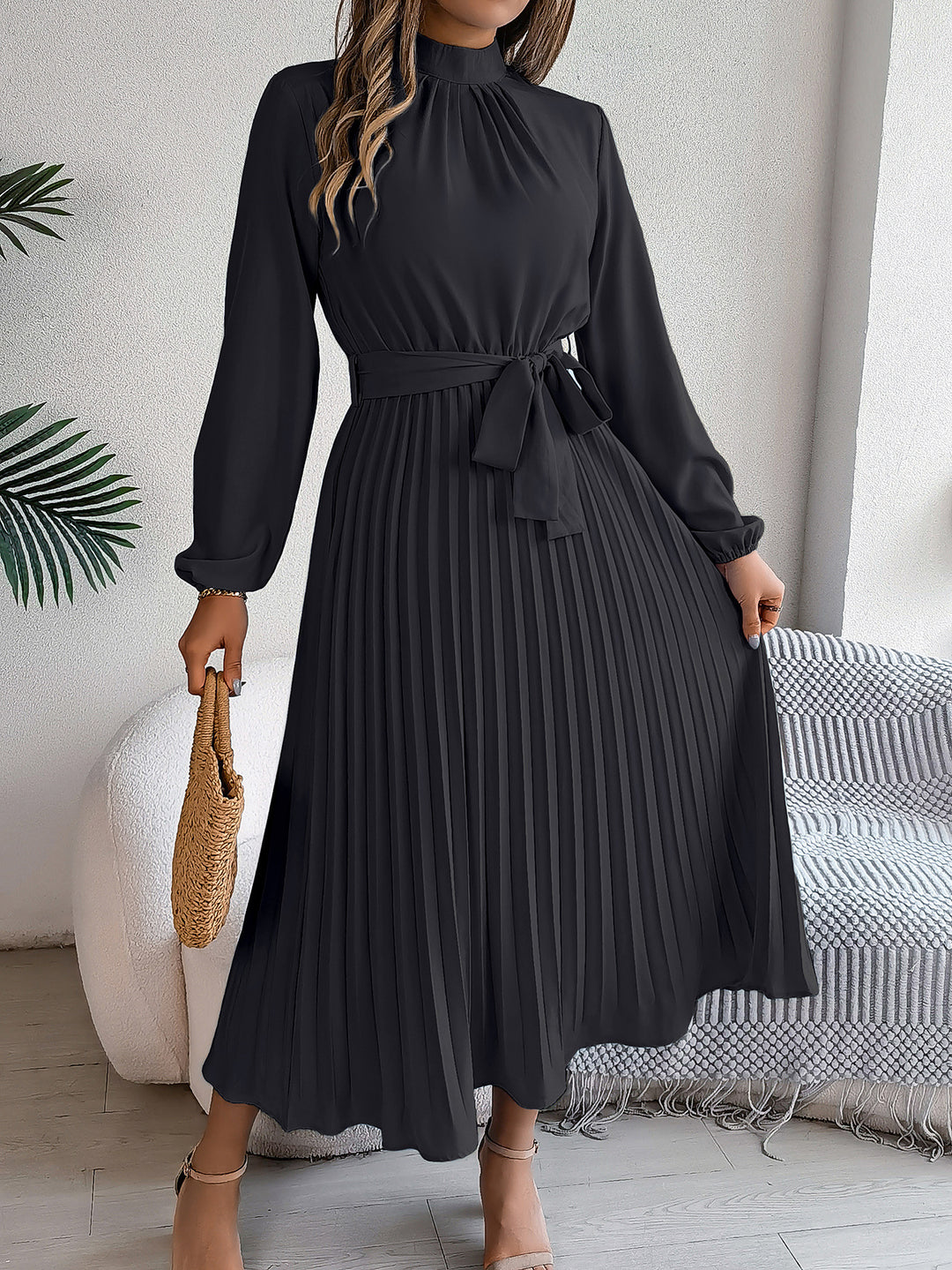 Pleated Midi Dress – Women's Long Sleeve Belted Silhouette