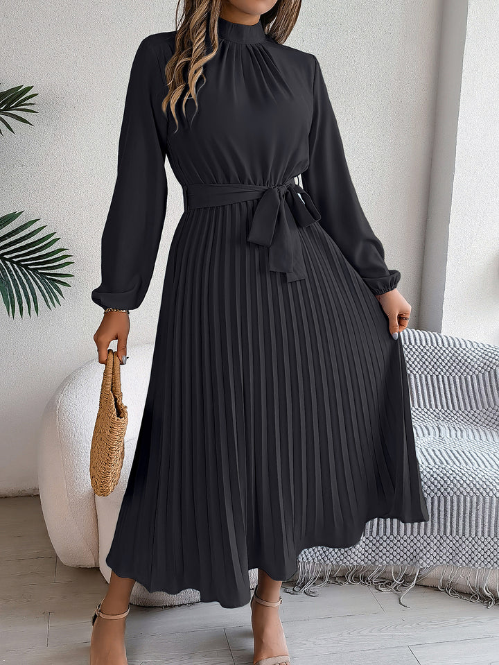 Pleated Midi Dress – Women's Long Sleeve Belted Silhouette