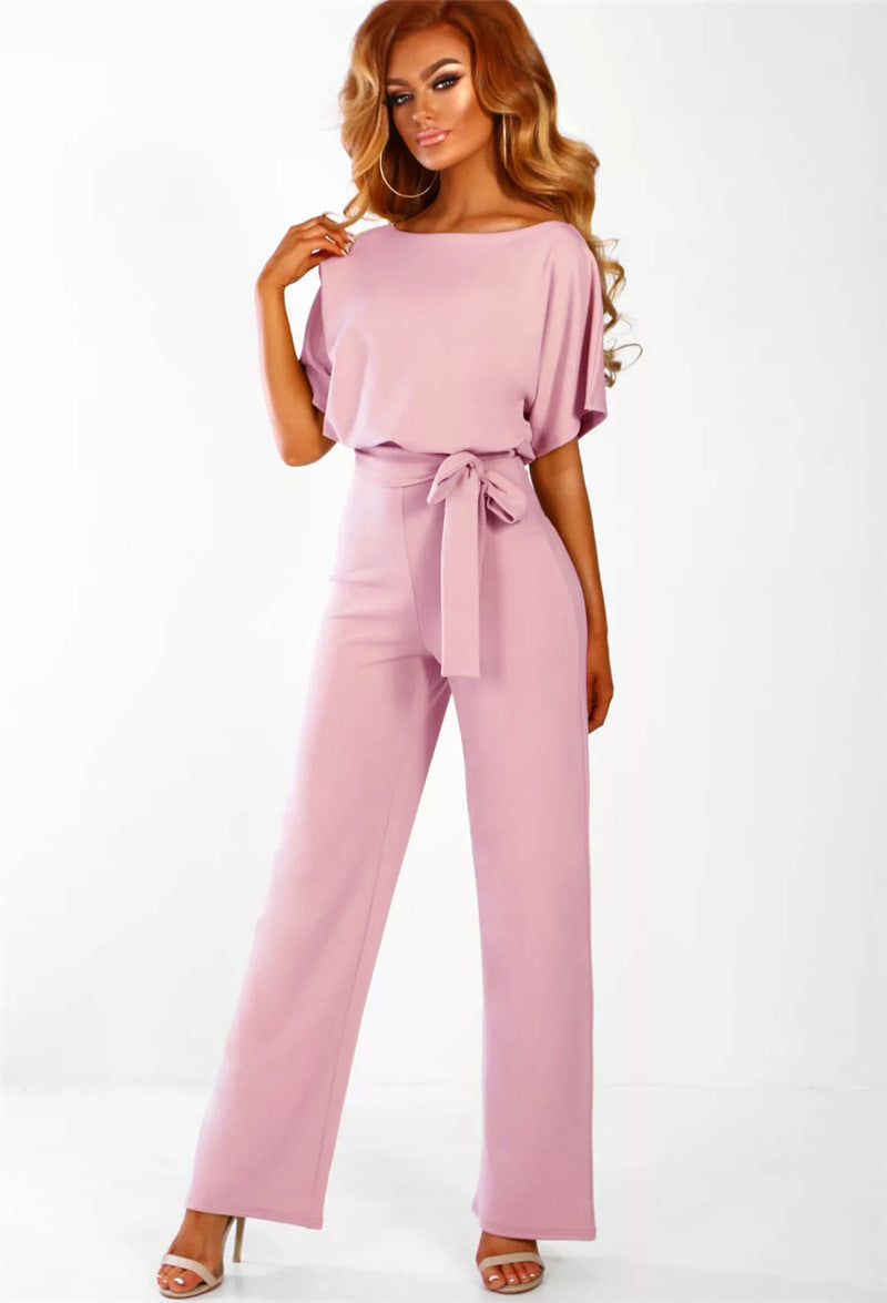 Women's High Waist Wide Leg Jumpsuit – Lace-Up Boat Neck Flutter Sleeve
