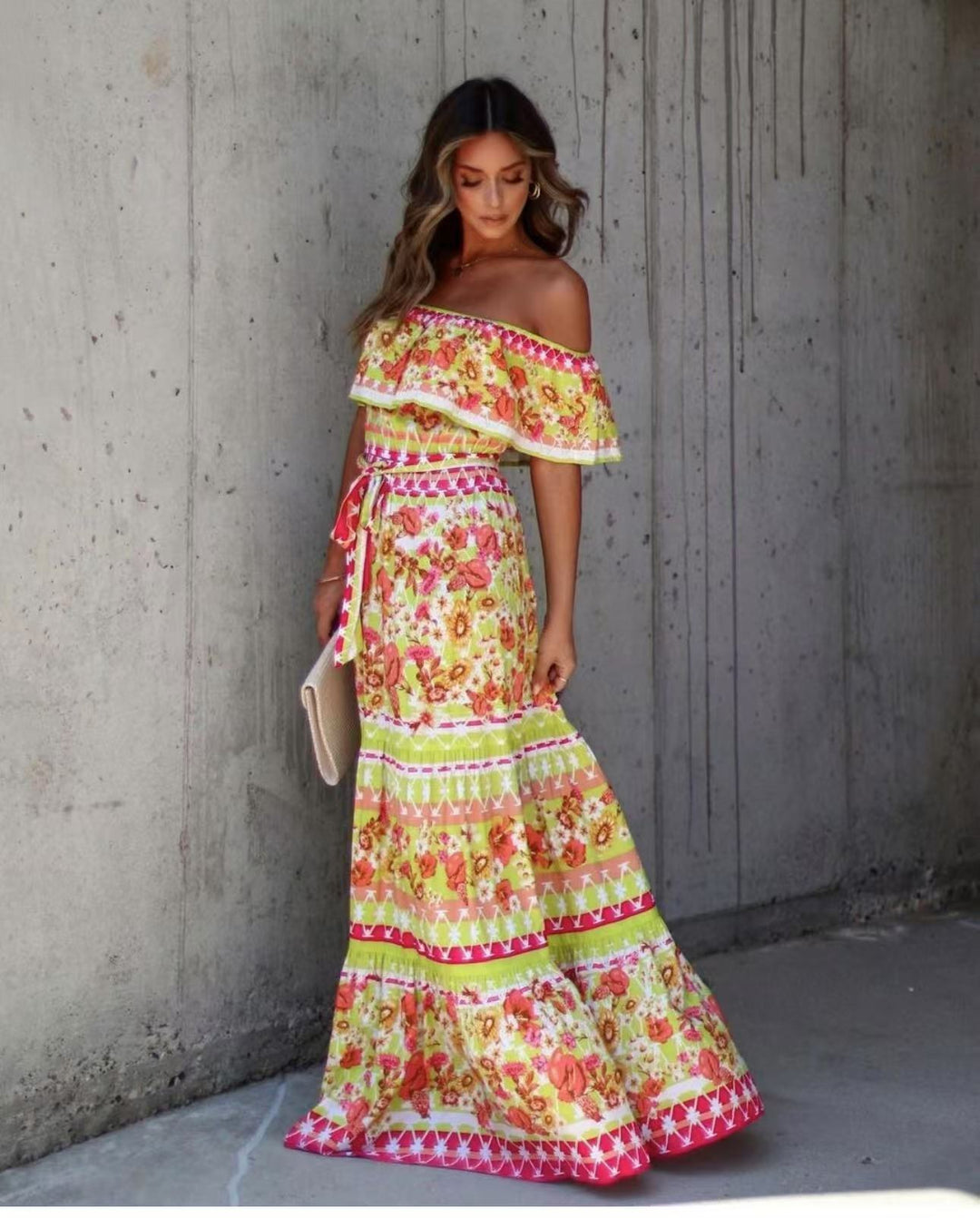 Floral Maxi Dress Off-Shoulder Belted – Boho Vacation Sweeping Hem