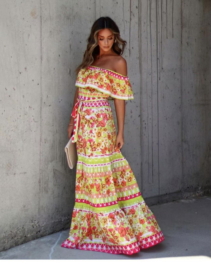 Floral Maxi Dress Off-Shoulder Belted – Boho Vacation Sweeping Hem