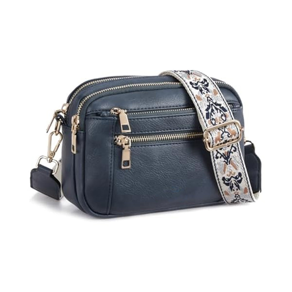 Women's Colorblock Crossbody Bag – Triple Zipper Embroidered Strap