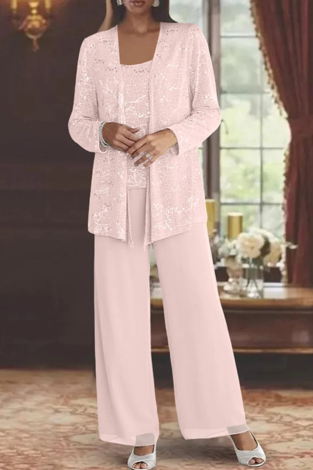 Sequin Lace Three-Piece Suit – Women's Wide Leg Trouser Set