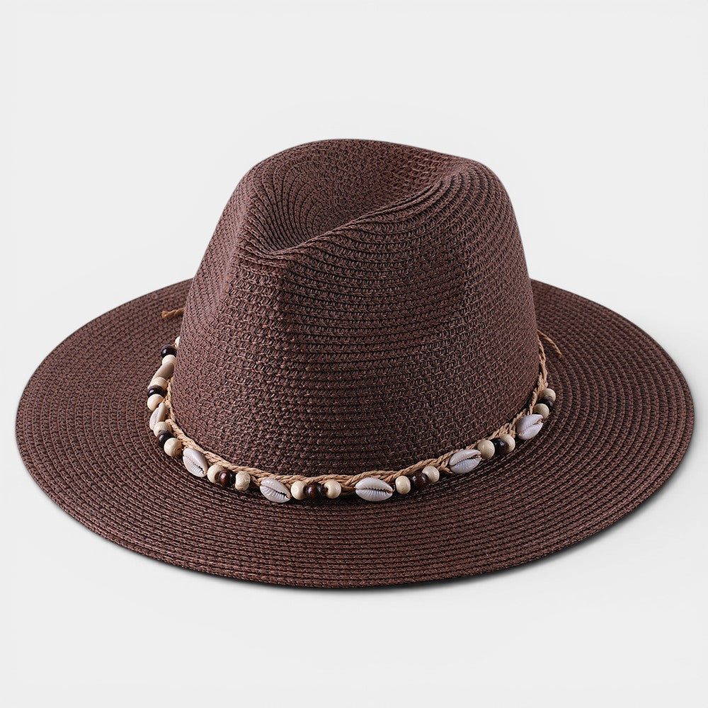 Women's Wide Brim Sun Hat – Shell & Wooden Bead Detail