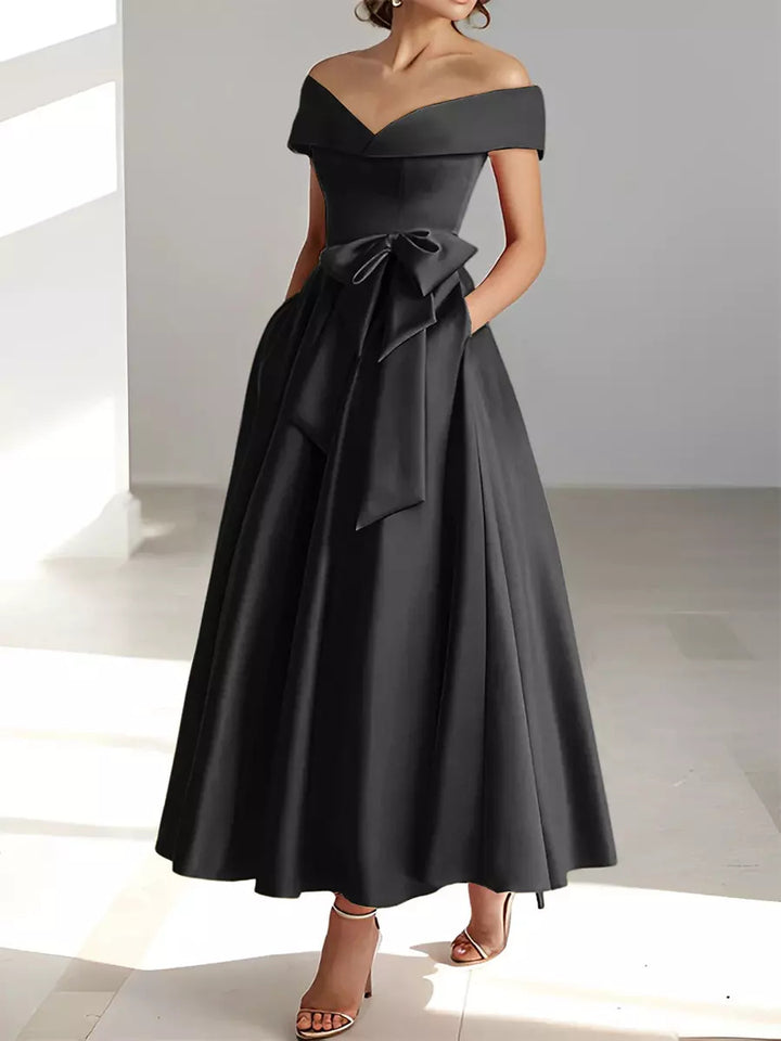 Mother of the Bride Dress Satin A-Line – Off-Shoulder Ankle Pockets