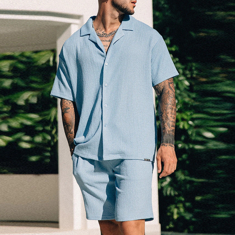 Men's Textured Short Sleeve Shirt Shorts Set – Cuban Collar Button