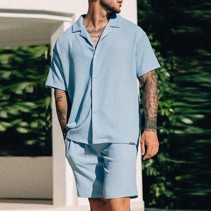 Men's Textured Short Sleeve Shirt Shorts Set – Cuban Collar Button