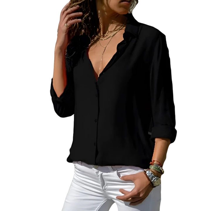 Women's Button-Front Blouse – Fluid V-Neck Long Sleeve