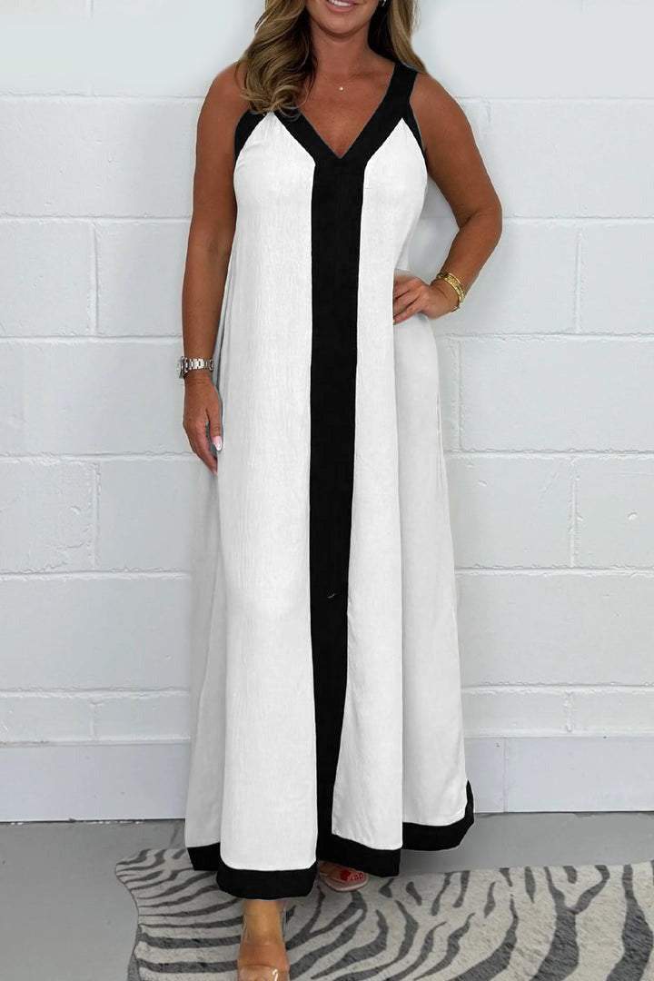Women's Colorblock Maxi Dress – V-Neck, Contrast Stripe & Slit