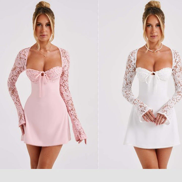 Women's Lace Mini Dress Corset Bodice – Backless Lace-Up Long Sleeves