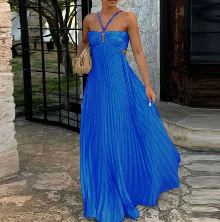 Women's Halter Backless Pleated Maxi Dress – Open Back