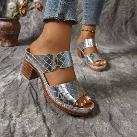 Women's Chunky Heel Sandals Plaid Texture – Round Toe Two-Strap Slide