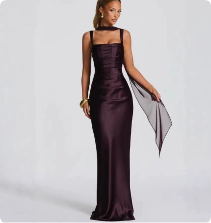 Satin Maxi Dress – Draped Waist Elegant Fit for Women