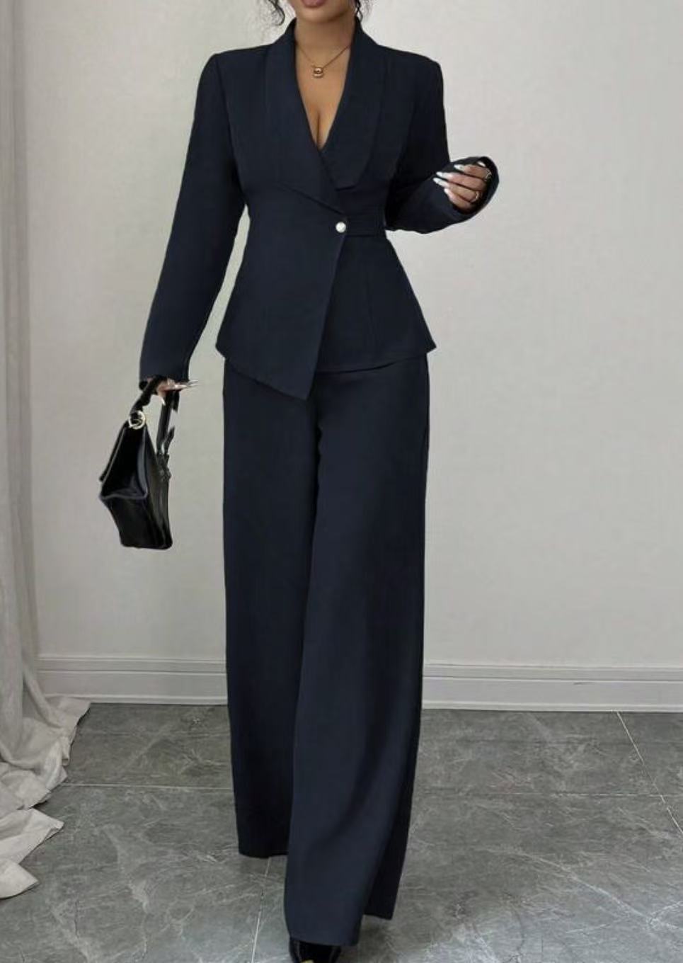 Women's V-Neck Long Sleeve Top & Wide Leg Trouser Set