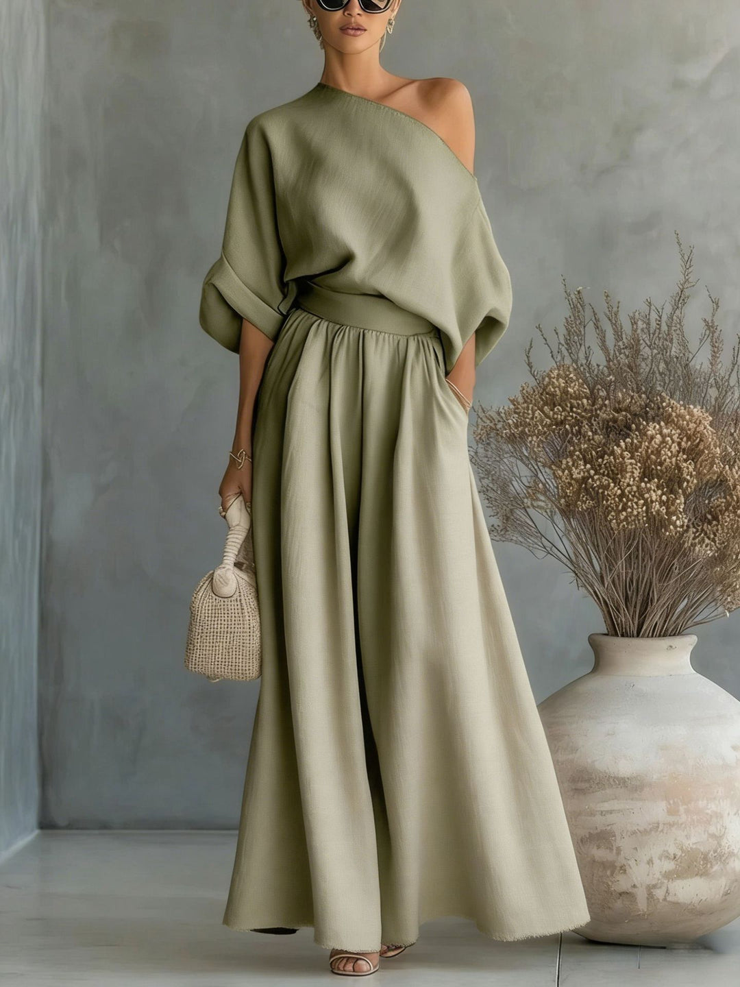 Linen Two Piece Set Women – Draped Blouse & Wide Leg Trousers