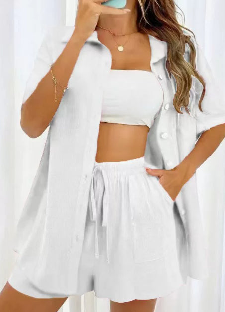 Women's Cotton Linen-Look Two-Piece Set – Button Shirt Shorts Summer