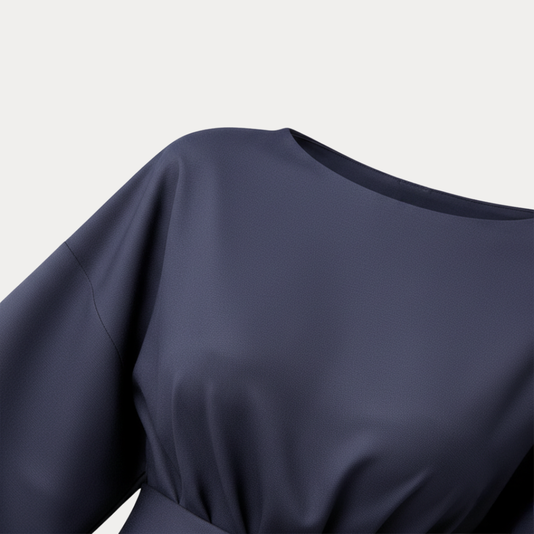 Women's Belted Wrap Midi Dress – Wide Flowing Sleeves Draped Waist