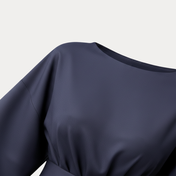 Women's Belted Wrap Midi Dress – Wide Flowing Sleeves Draped Waist