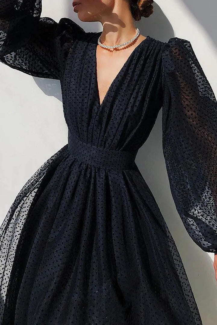 Women's Polka Dot Wrap Midi Dress – Balloon Sleeves