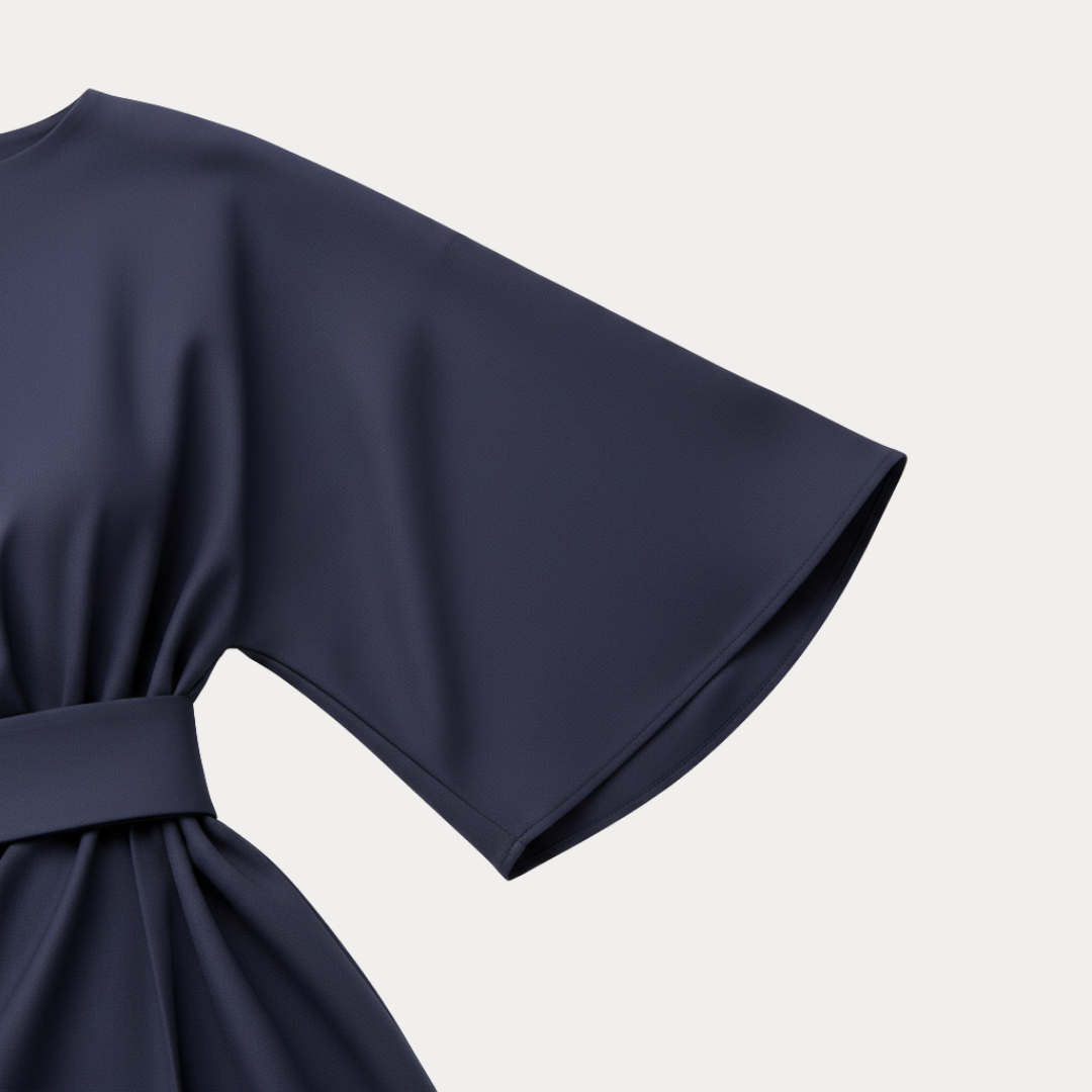 Women's Belted Wrap Midi Dress – Wide Flowing Sleeves Draped Waist