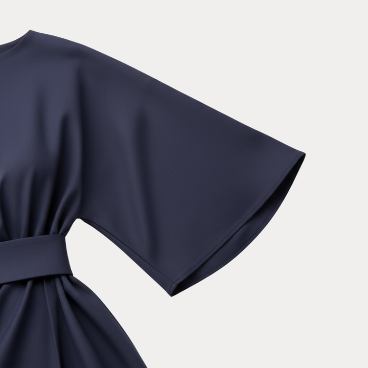 Women's Belted Wrap Midi Dress – Wide Flowing Sleeves Draped Waist