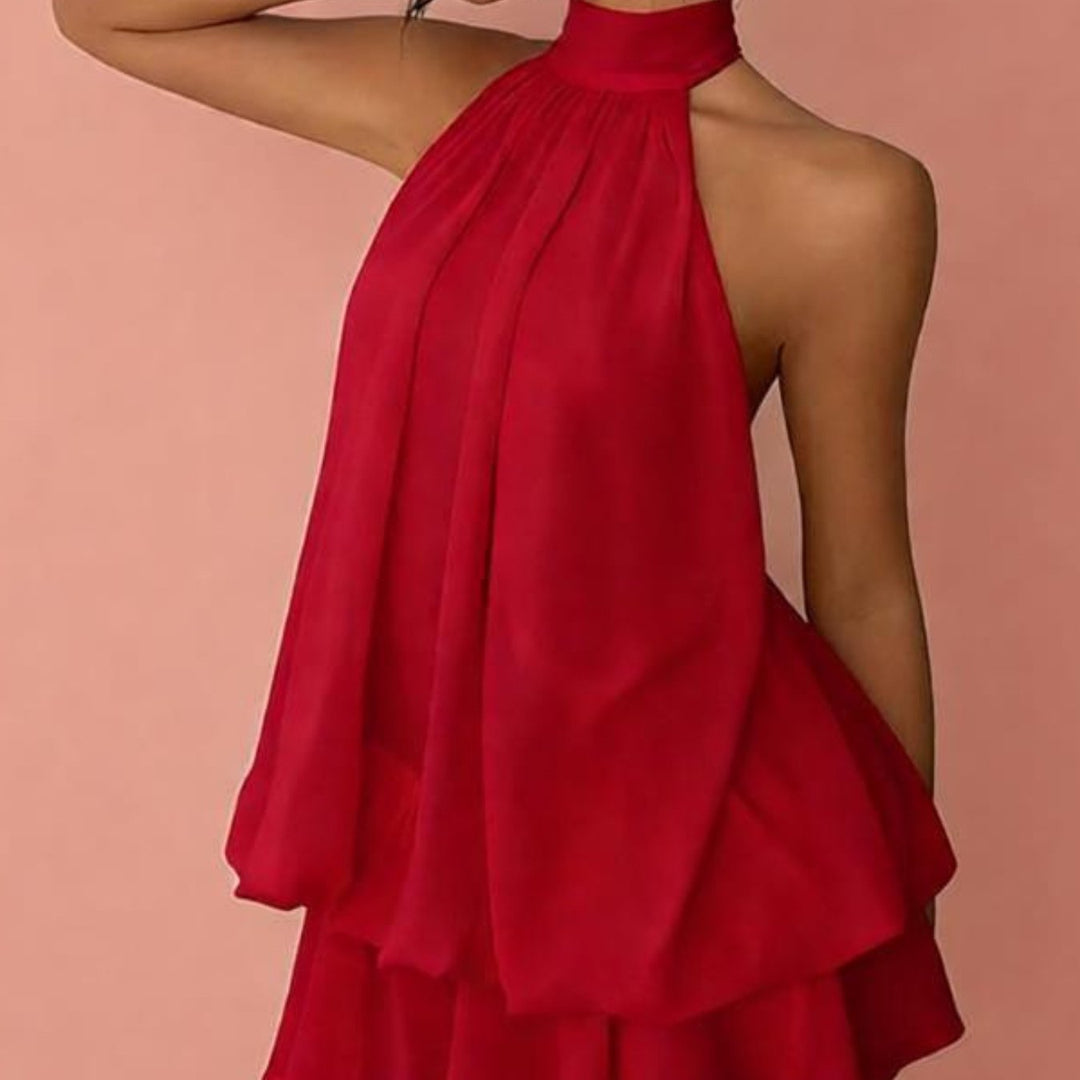 Women's Chiffon Mini Dress – Tiered Ruffle Halter Neck