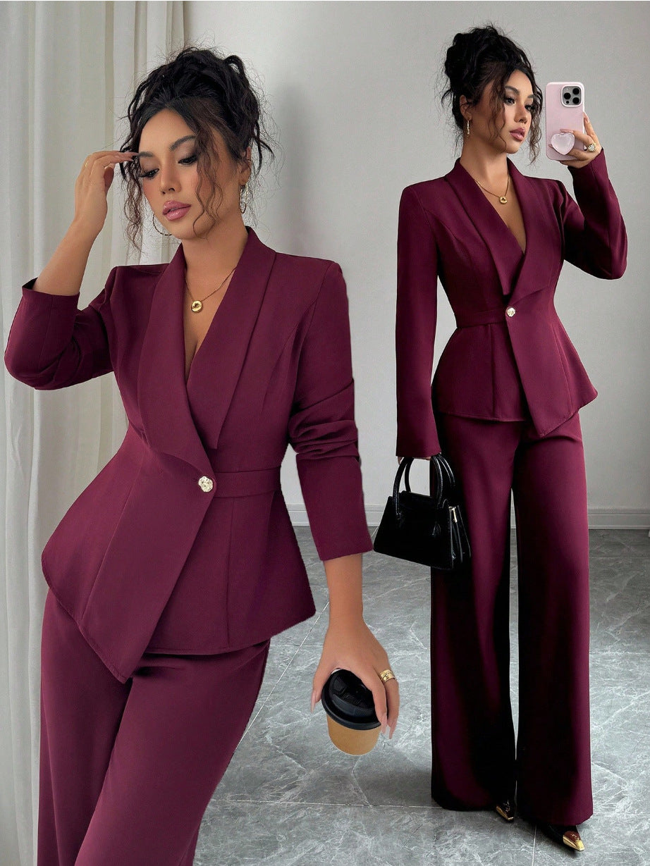 Women's V-Neck Long Sleeve Top & Wide Leg Trouser Set