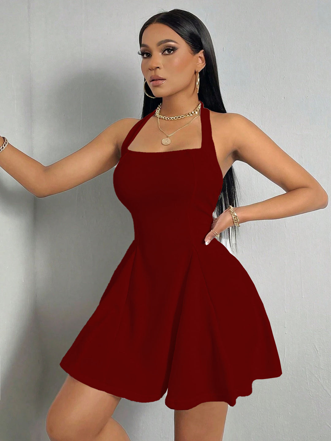 Halter Neck Mini Dress – Women's A-Line Sleeveless Cut