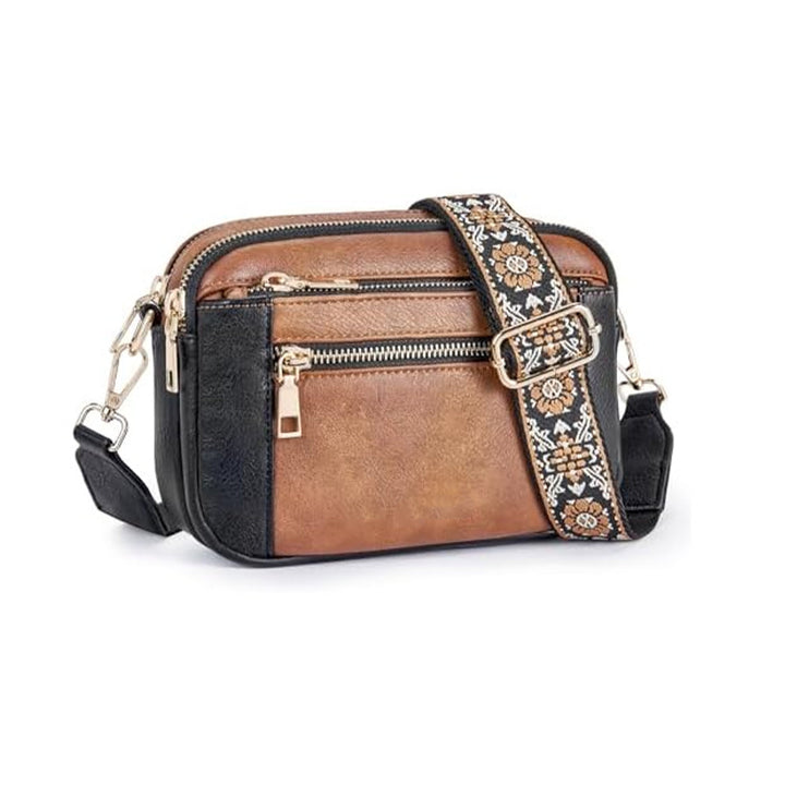 Women's Colorblock Crossbody Bag – Triple Zipper Embroidered Strap