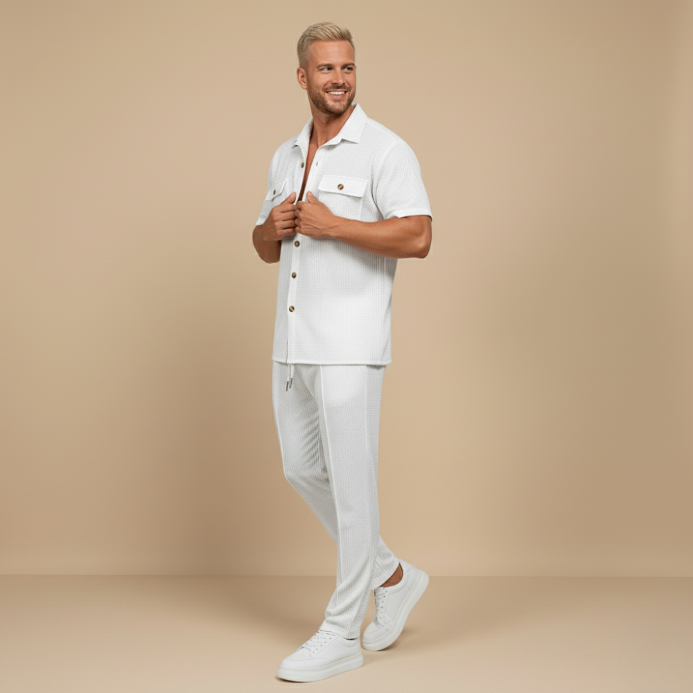 Men's Waffle-Knit Two-Piece Set – Relaxed Matching Shirt & Shorts