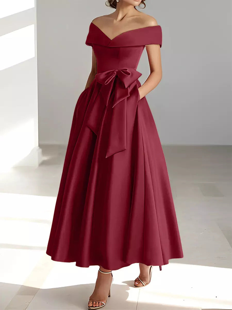 Mother of the Bride Dress Satin A-Line – Off-Shoulder Ankle Pockets