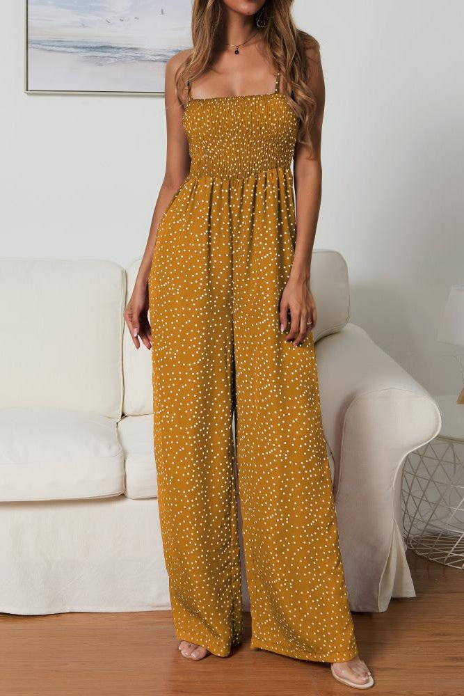 Women's Wide Leg Jumpsuit – Smocked Bodice & Spaghetti Straps
