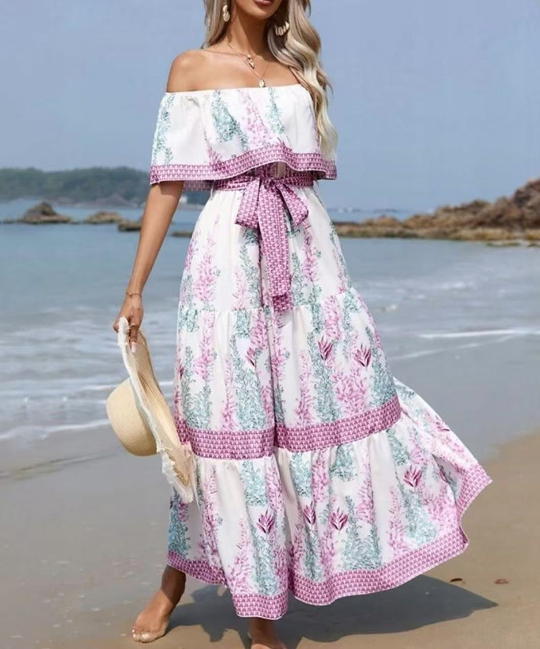 Floral Maxi Dress Off-Shoulder Belted – Boho Vacation Sweeping Hem