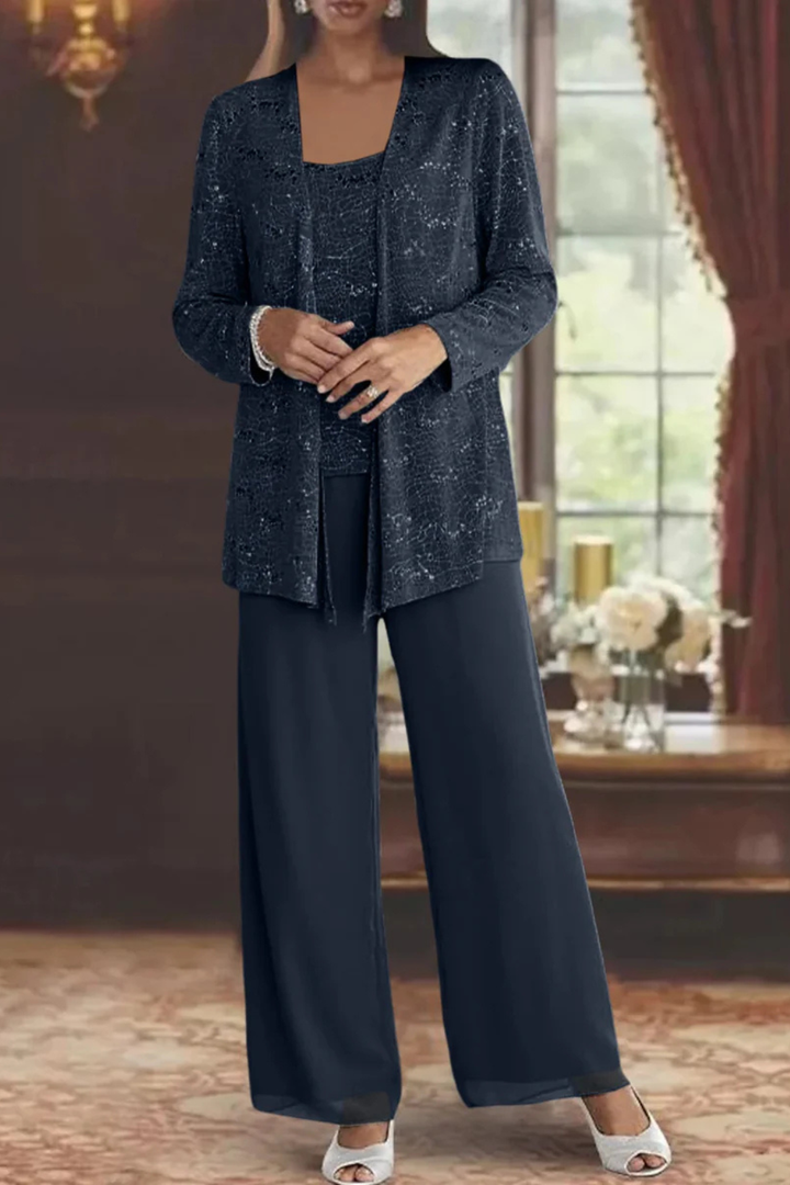 Sequin Lace Three-Piece Suit – Women's Wide Leg Trouser Set
