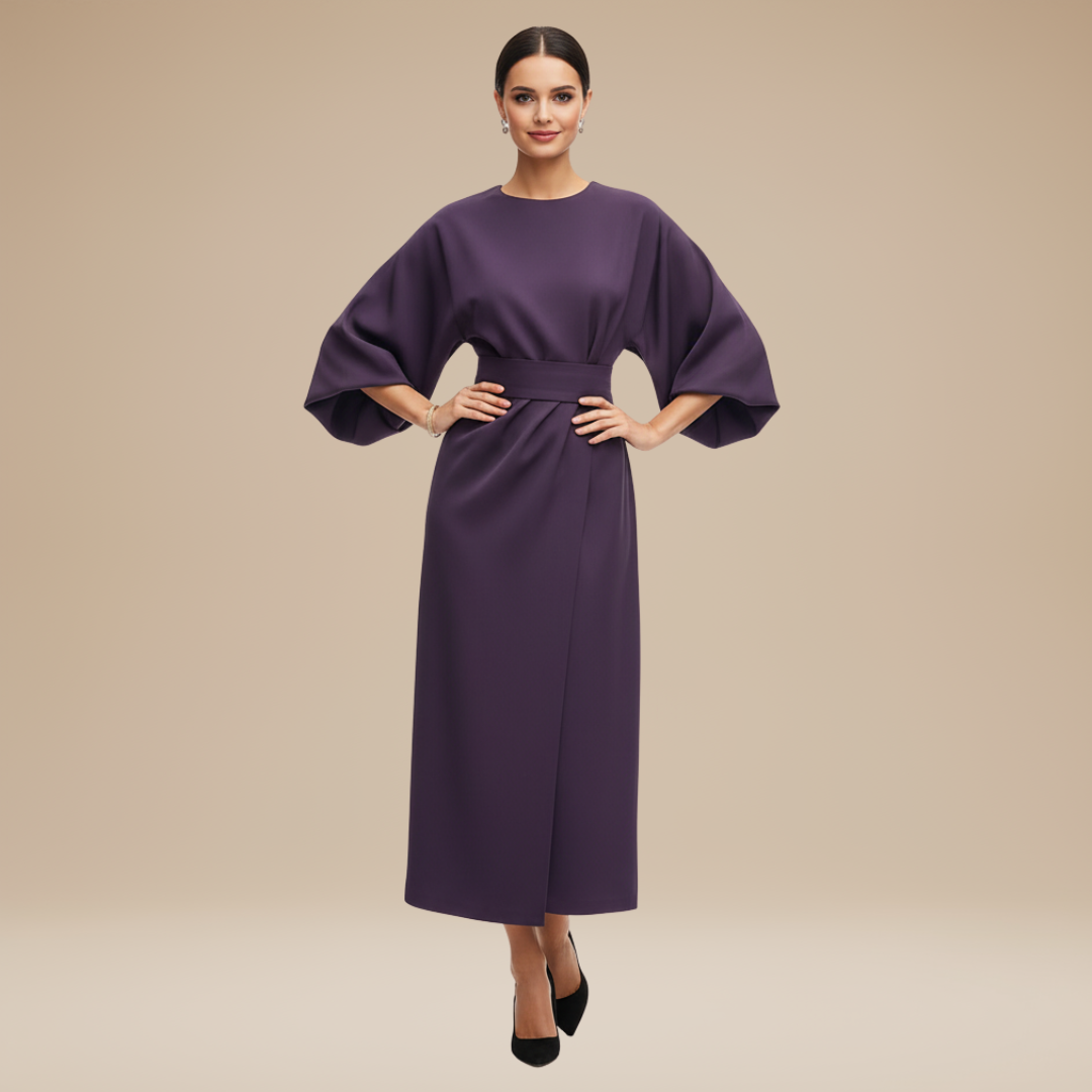 Women's Belted Wrap Midi Dress – Wide Flowing Sleeves Draped Waist