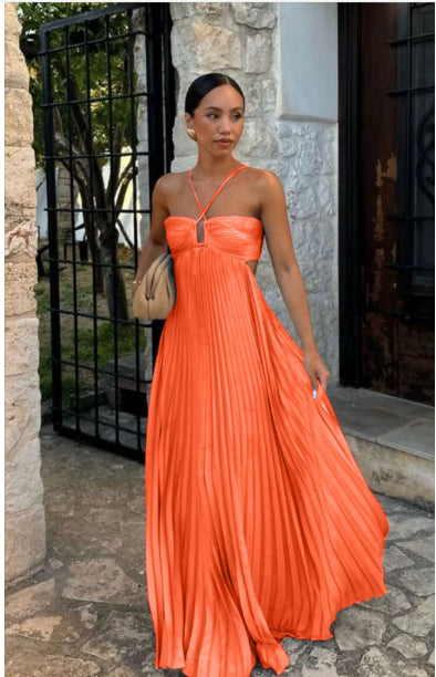 Women's Halter Backless Pleated Maxi Dress – Open Back